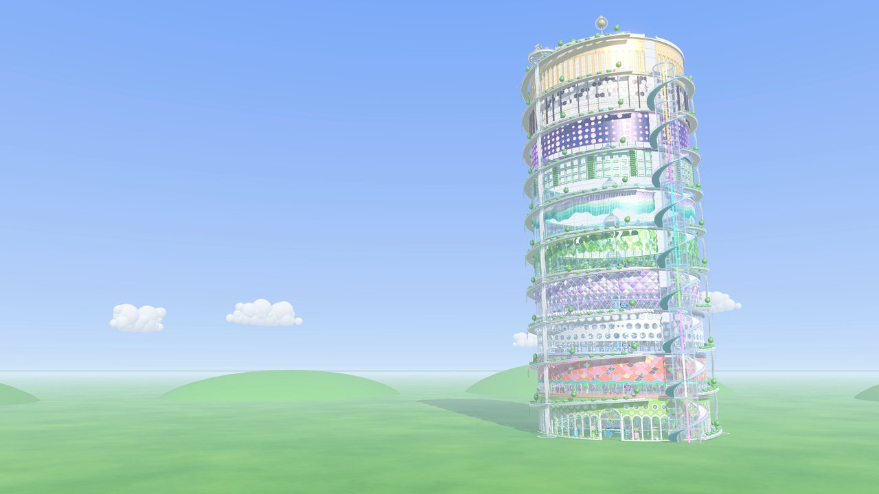 The finished ten-floor glass tower of Aero Bubble Tycoon beside its spiral slide