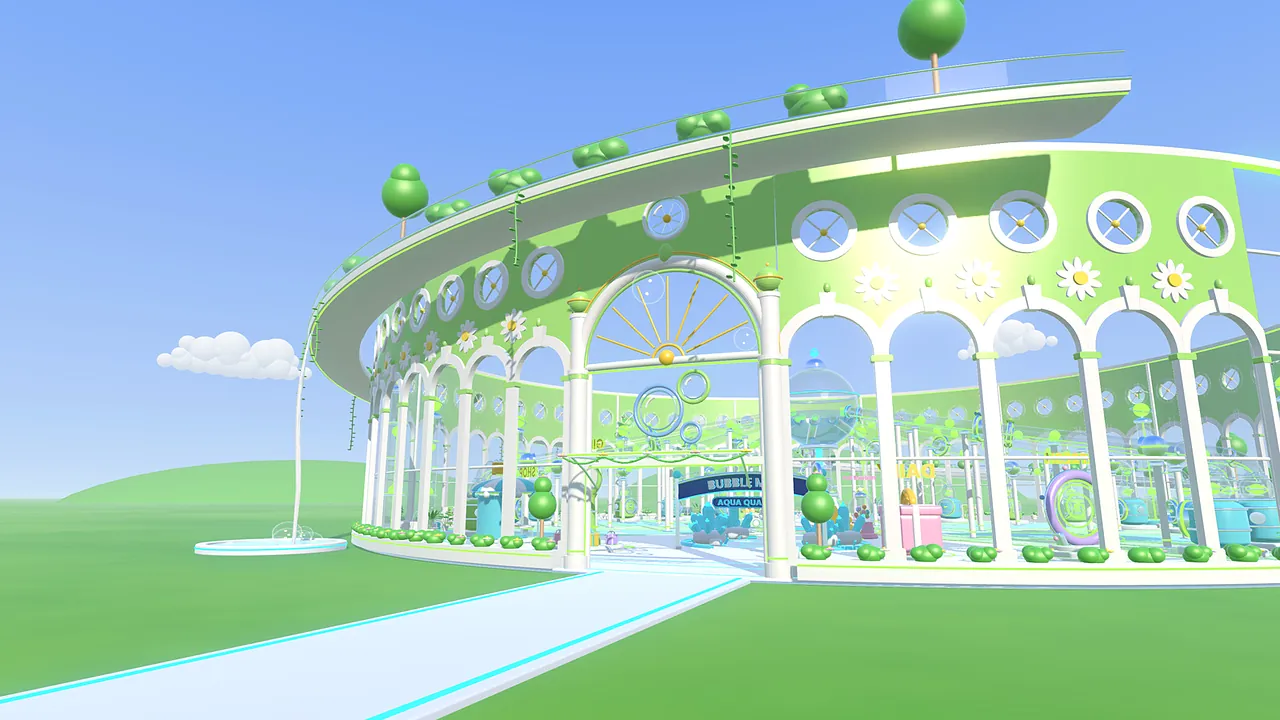 The arched glass entrance of Meadow Bay, with daisies on the walls and blowers inside