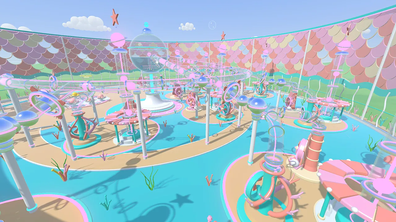Coral Lagoon: pink coral machines and tube runs over a turquoise floor