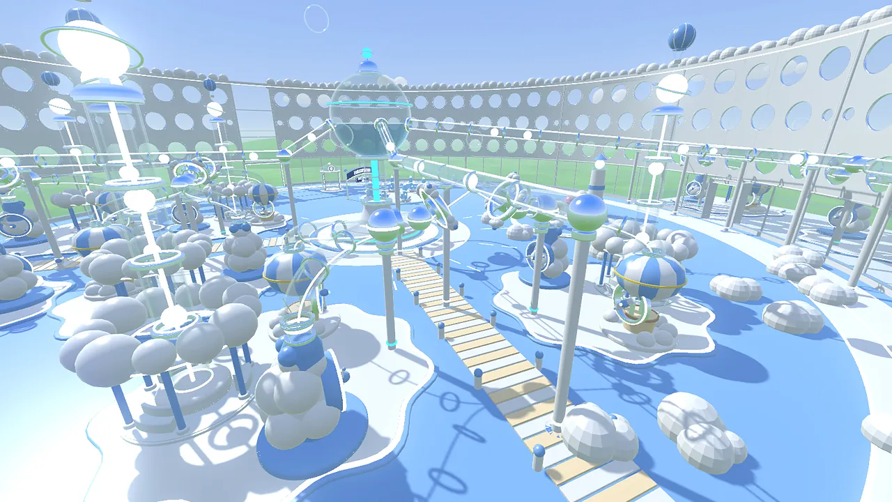 Cloud Harbor: white cloud machines and a boardwalk over a sky-blue floor