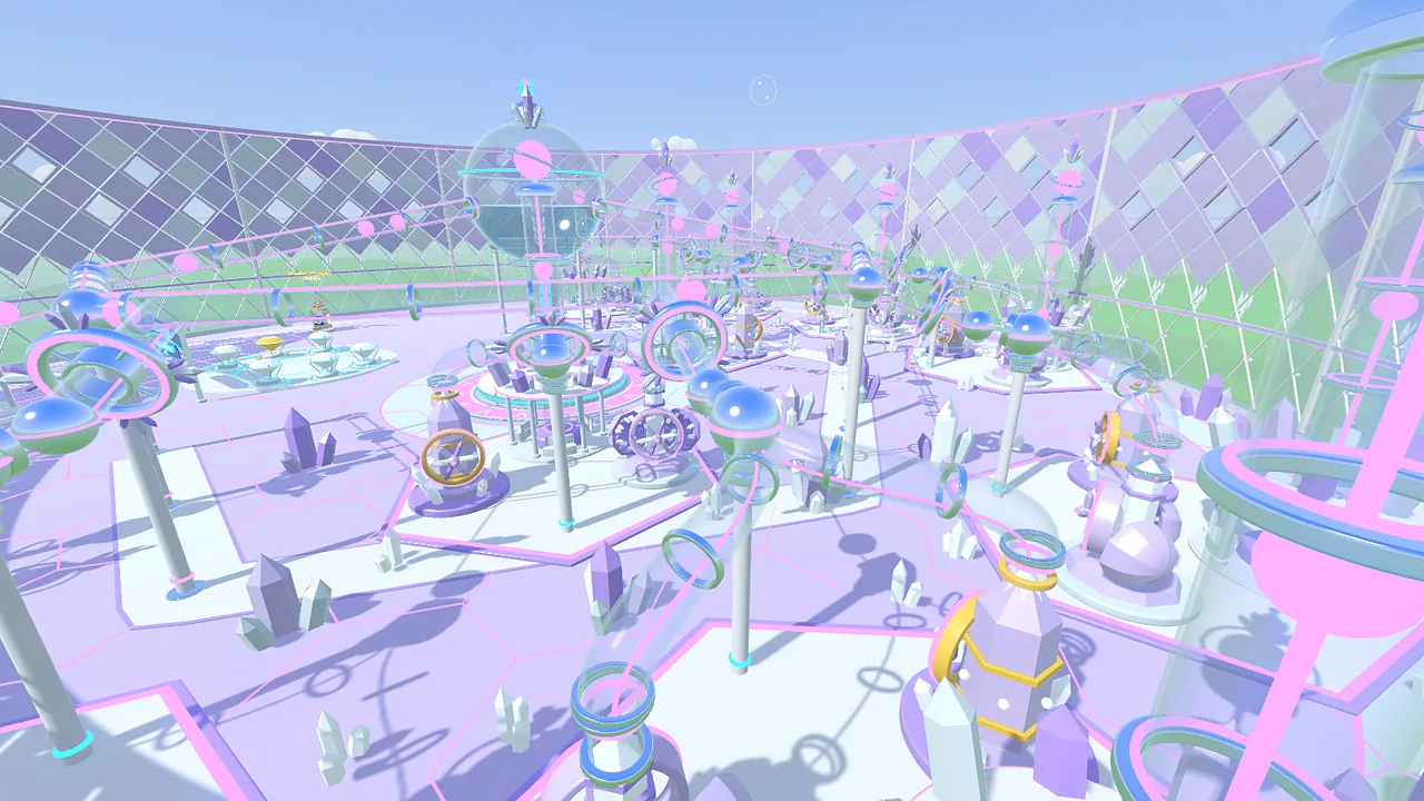 Crystal Falls: lilac prism machines and crystals behind diamond-patterned glass