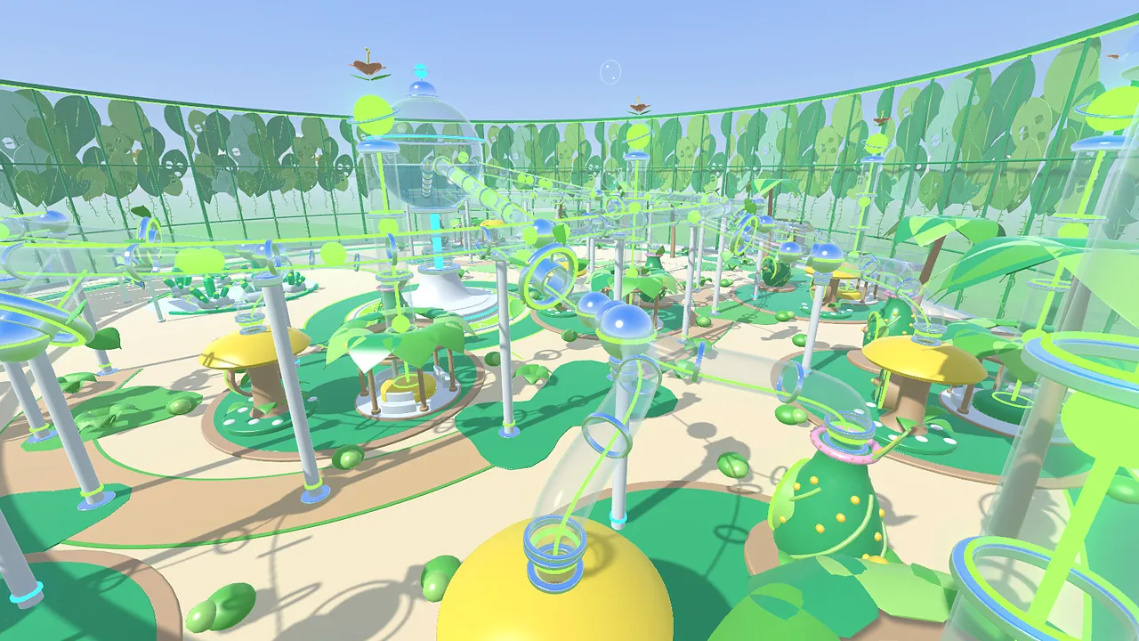 Bubble Jungle: palm trees, giant leaves and mushroom blowers on sandy paths