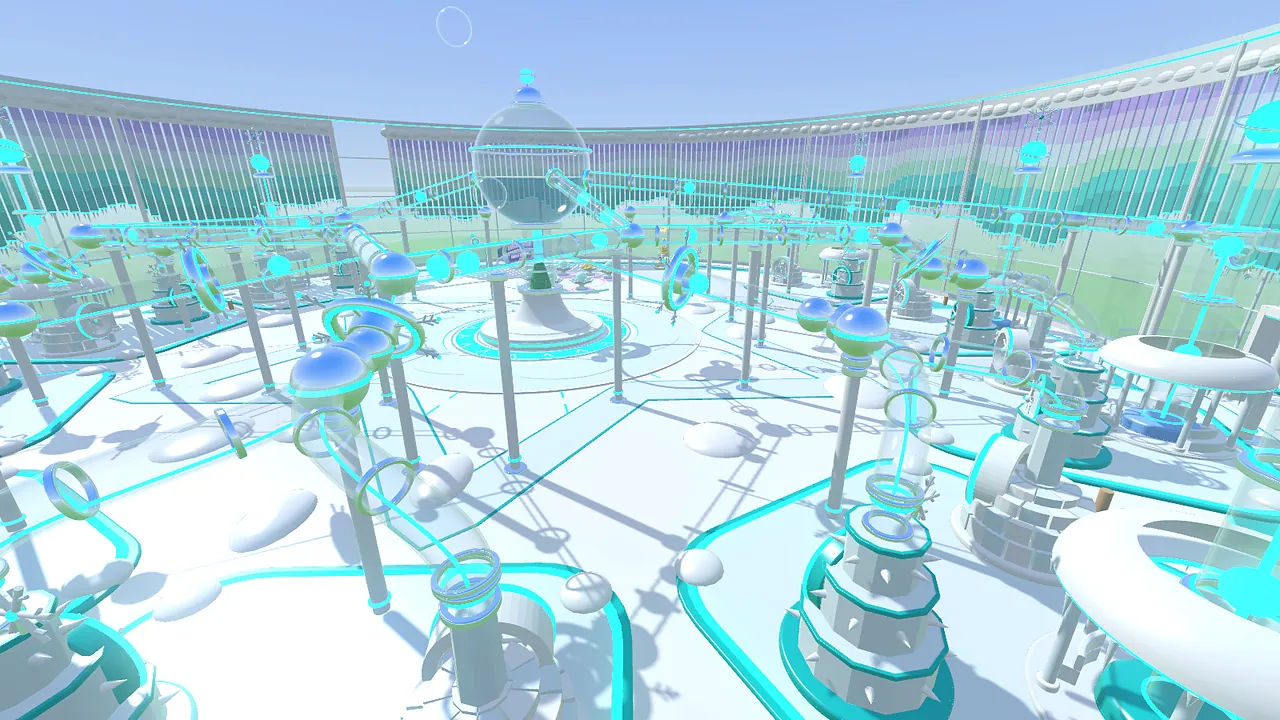 Aurora Tundra: icy white machines with cyan glow under an aurora-patterned wall