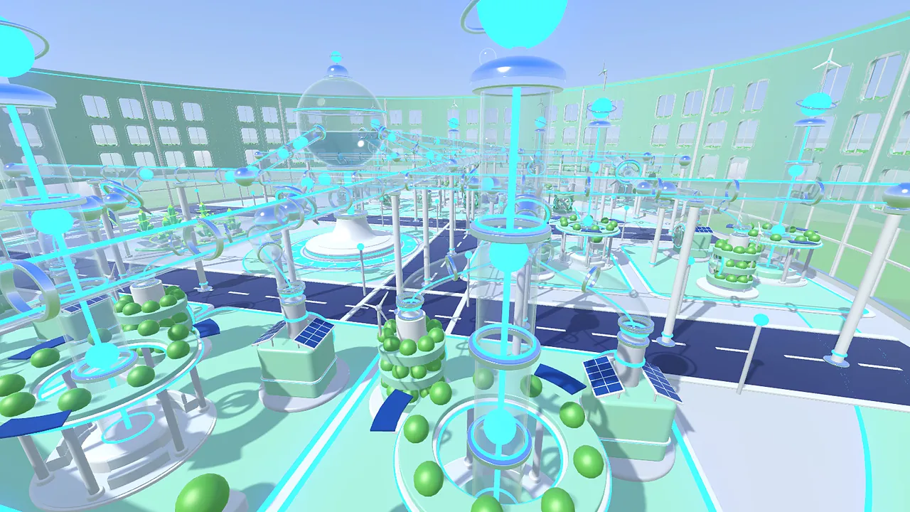 Eco Metropolis: roads, solar panels and green-domed machines