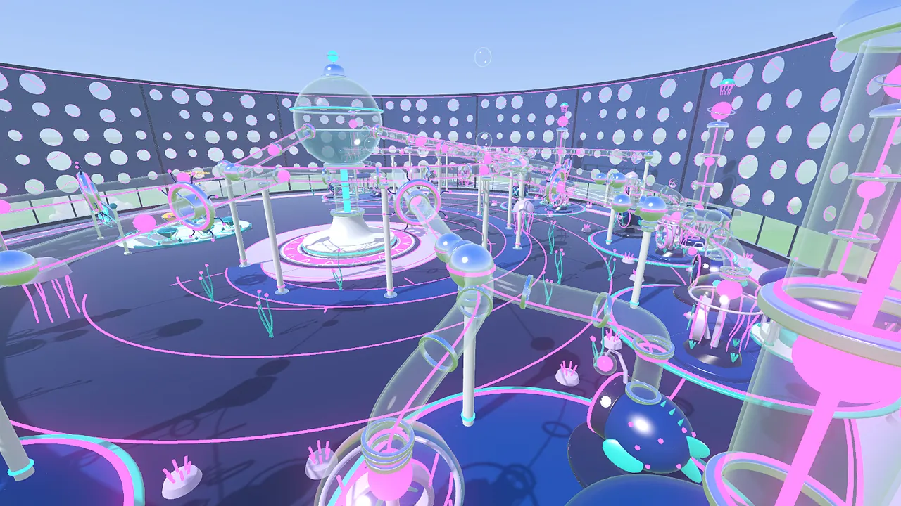 Glow Abyss: a deep-blue floor with glowing pink rings and jellyfish machines