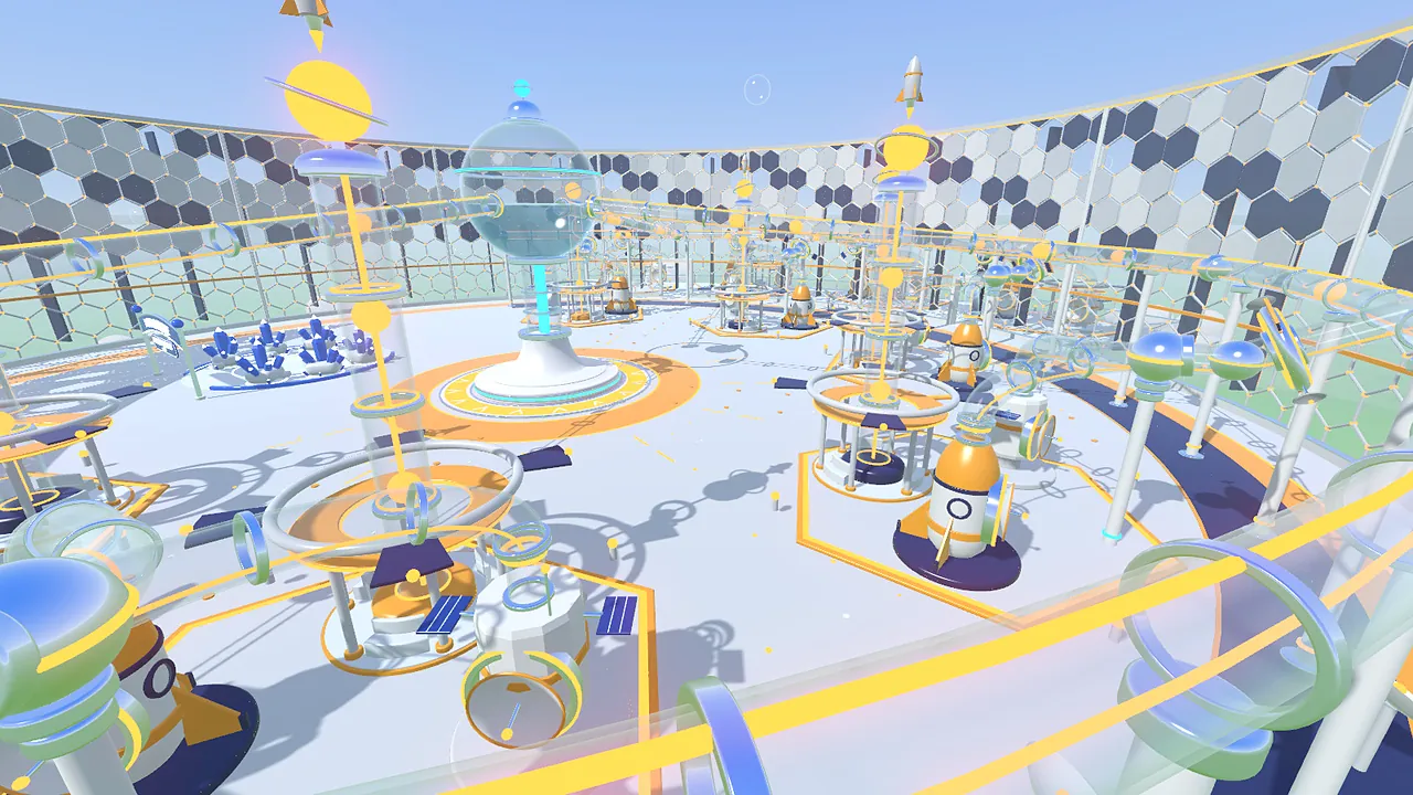 Orbital Station: orange rings, rockets and satellite machines on a white deck
