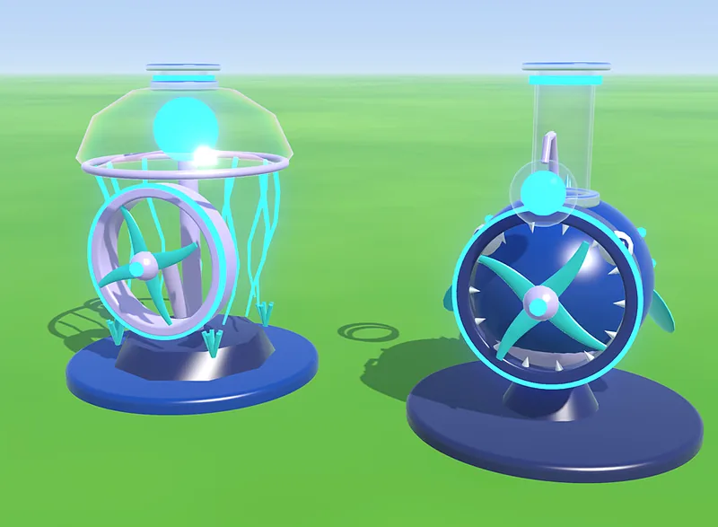 Two Glow Abyss machines: a jellyfish dome and a deep-sea blower