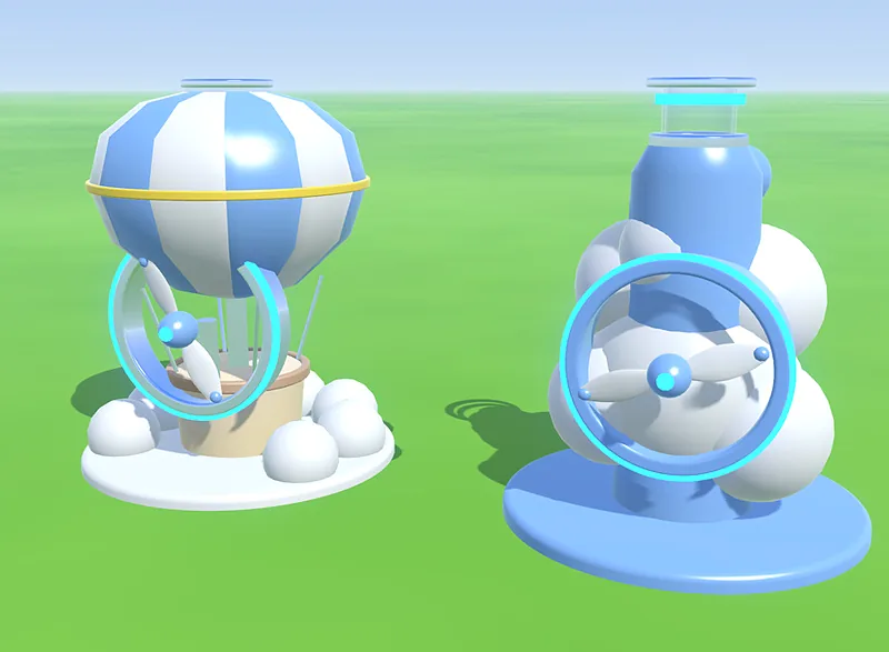 Two Cloud Harbor machines: a hot-air balloon and a cloud blower