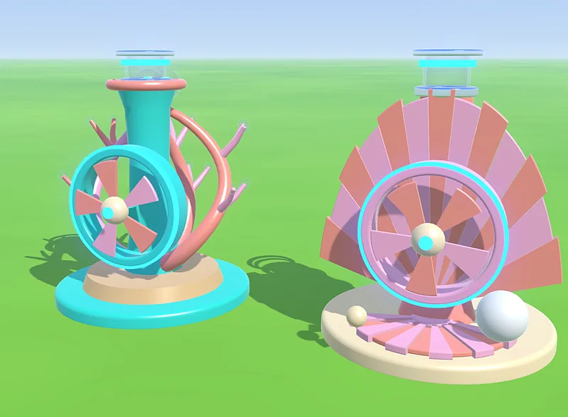 Two Coral Lagoon machines: a coral fan and a seashell blower