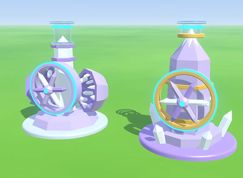Two Crystal Falls machines made of lilac crystal