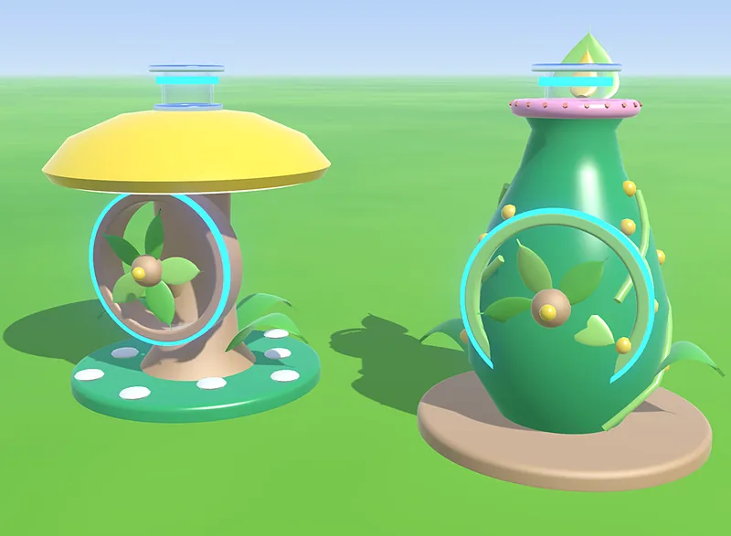 Two Bubble Jungle machines: a mushroom and a leafy vase