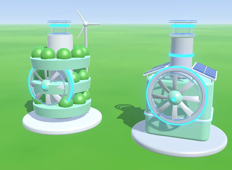 Two Eco Metropolis machines with planters, solar panels and a wind turbine