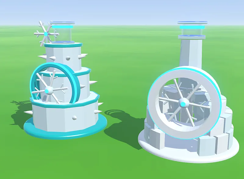 Two Aurora Tundra machines: an ice tower and a frosted blower