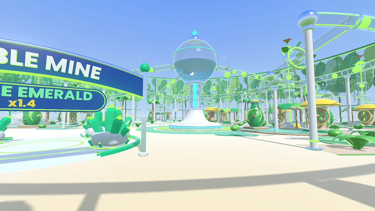 A Bubble Mine arch reading Jungle Emerald over green crystals on Bubble Jungle