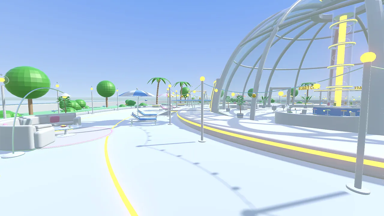 A pool, palms and loungers beside the glass dome on the roof