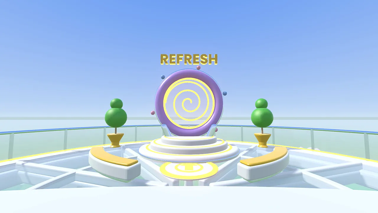 The purple Refresh stand on the roof terrace between two round trees