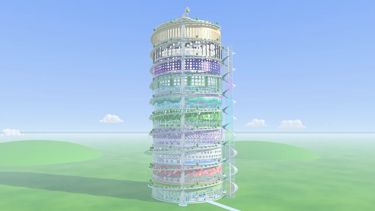 The whole tower from the side, each floor wrapped in its own coloured pattern