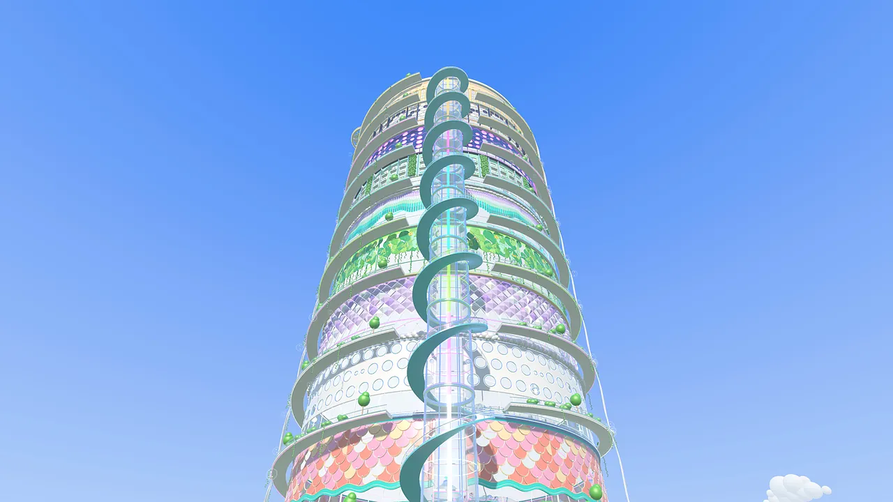 Looking up the tower past the spiral slide that winds round the glass lift tube